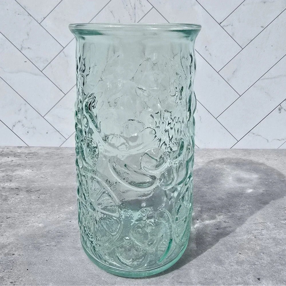 Vintage Made in Italy Green Glass Fruit Embossed Vase Carafe Grapes Citrus